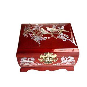 Red Lacquered Wooden Musical Jewelry Box With Mother-Of-Pearl Inlay